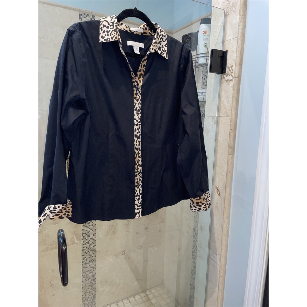 Chico's Womens No-Iron Button Up Top 2 Large Black Animal Print Leopard Trim